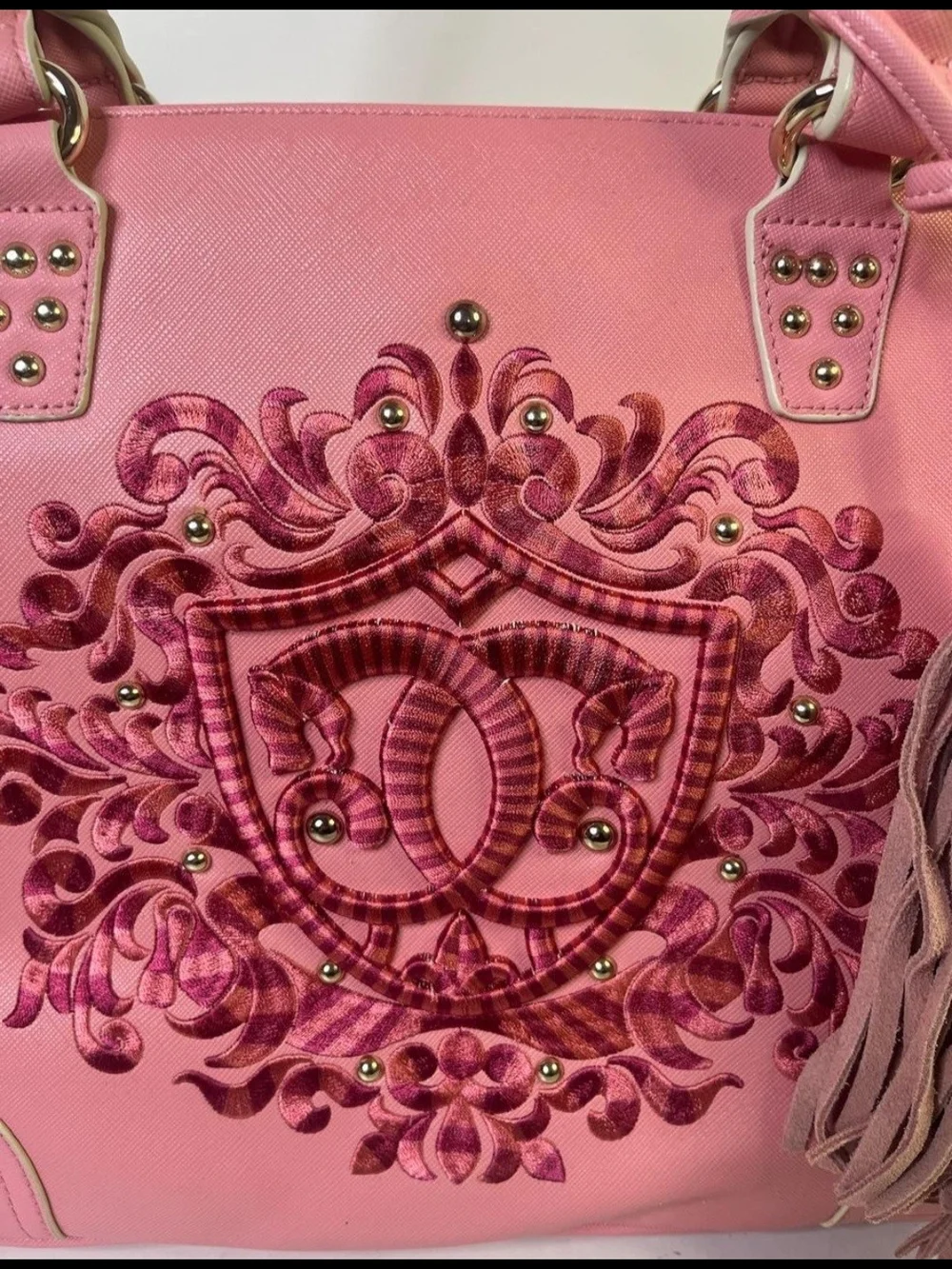 Sharif 1827 Embroidered Pink Satchel with Tassel Accent